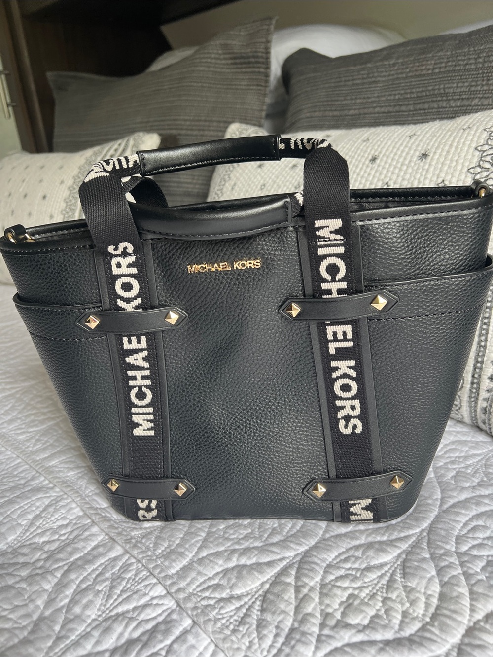 Michael Kors Black Pebbled Leather Logo Strap Tote with Gold Hardware